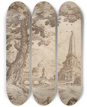 Triptych art skateboard deck of Paul Bril Heroic Landscape by Paul Bril (1554-1626)