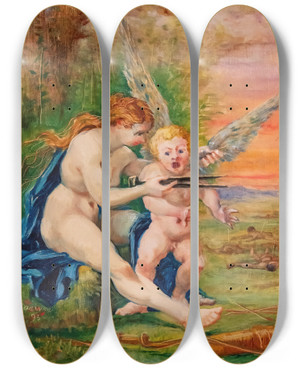 Triptych art skateboard deck of Jeanbaptiste Cariven Fortune And Love by Jean-Baptiste Cariven (1843-1904)