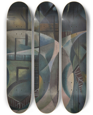 Triptych art skateboard deck of Fritz Stuckenberg Landscape In Thepark by Fritz Stuckenberg (1881-1944)