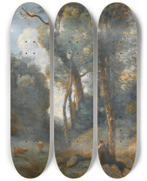Triptych art skateboard deck of Jeanbaptistecamille Corot Vachre Sur Un Coteau Boise by Jean-Baptiste-Camille Corot (1796-1875)