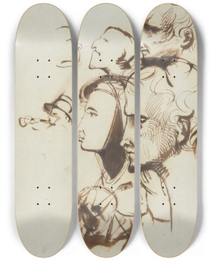 Triptych art skateboard deck of Benjamin Robert Haydon Study Of Faces by Benjamin Robert Haydon (1786-1846)