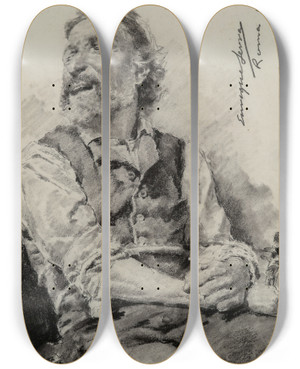 Triptych art skateboard deck of Enrique Serra Auqu Study Of A Seated Man Holding A Crucifix by Enrique Serra Auque (1859-1918)