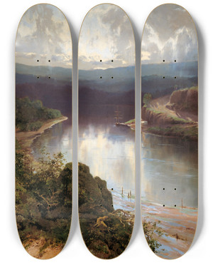 Triptych art skateboard deck of William Charles Piguenit An Australian Fjord by William Charles Piguenit (1836-1914)