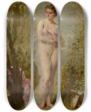 Triptych art skateboard deck of Charles Chaplin La Baigneuse by Charles Chaplin (1825-1891)