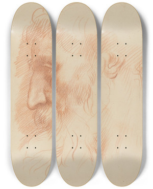 Triptych art skateboard deck of Alphonse Legros Study Of A Mans Head Recto by Alphonse Legros (1837-1911)