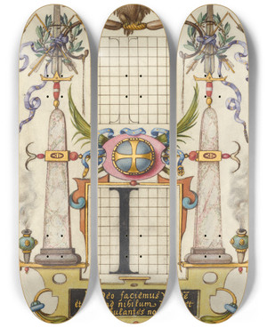 Triptych art skateboard deck of Joris Hoefnagel Guide For Constructing The Letter I by Joris Hoefnagel (1542-1600)
