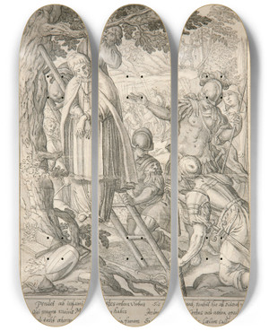Triptych art skateboard deck of Rafael Sadeler I S Maximus M Et Presbytersalisburg by Rafael Sadeler I (1560-1632)