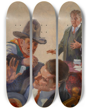 Triptych art skateboard deck of Harry T Fisk Bank Robbery by Harry T Fisk (1887-1974)