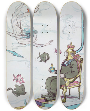 Triptych art skateboard deck of Georges Goursat Sem Le Divin Raoul Gunsbourg Sous Les Gracieuses Apparences Dune Fille Du Rhin Offre Son Altesse Sousmarinissime Le Sacrifice De Parsifal by Georges Goursat (Sem) (1863-1934)