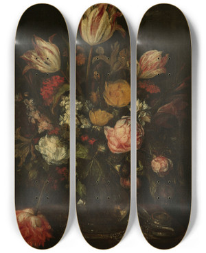 Triptych art skateboard deck of Abraham Van Beyeren Still Life With Flowers by Abraham Van Beyeren (1620-1690)