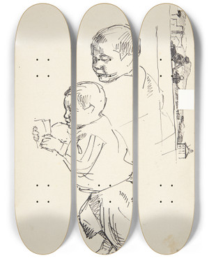 Triptych art skateboard deck of Peter Hansen Lsende Dreng Et Drengehoved Og Et Italiensk Landskab by Peter Hansen (1868-1928)