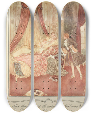 Triptych art skateboard deck of Edmund Dulac And There On A Bed The Curtains Of Which Were Drawn Wide He Beheld The Loveliest Vision He Had Ever Seen_2 by Edmund Dulac (1882-1953)
