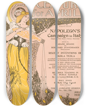 Triptych art skateboard deck of George Wharton Edwards The Century For April by George Wharton Edwards (1859-1950)