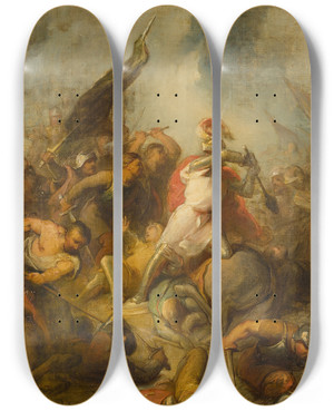 Triptych art skateboard deck of Antonie F Zrcher Bishop Otto Ii Of Utrecht Is Killed In The Battle Of Ane Anno 1226 by Antonie F Zurcher (1825-1876)