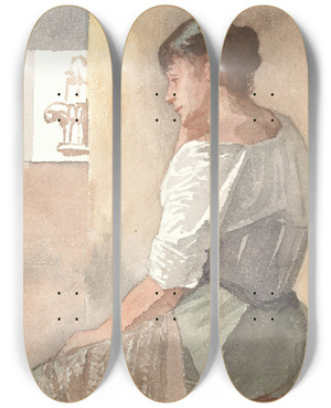 Triptych art skateboard deck of Hendrik Valkenburg Zittend Meisje Profiel Naar Links by Hendrik Valkenburg (1826-1896)