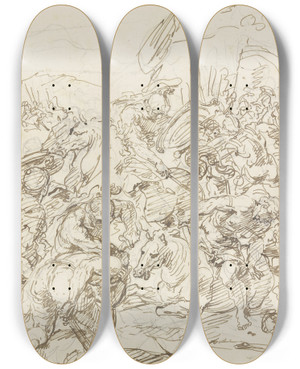 Triptych art skateboard deck of Raymond Lafage Equestrian Combat by Raymond Lafage (1656-1682)
