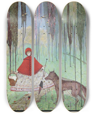 Triptych art skateboard deck of Harry Clarke He Asked Her Whither She Was Going by Harry Clarke (1889-1931)
