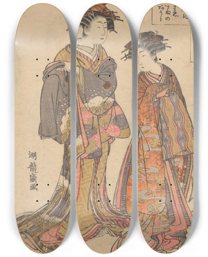 Triptych art skateboard deck of Korysai Isoda Courtesans Of Iedaya by Isoda Koryusai (1735-1790)