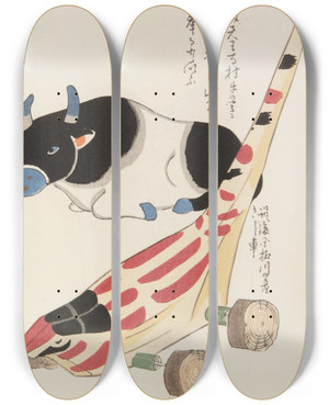 Triptych art skateboard deck of Shimizu Seif Unai No Tomo Pl 150 by Shimizu Seifu (1851-1913)