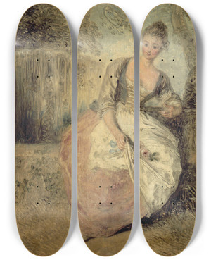 Triptych art skateboard deck of Jeanantoine Watteau Lamante Inquite by Jean-Antoine Watteau (1684-1721)