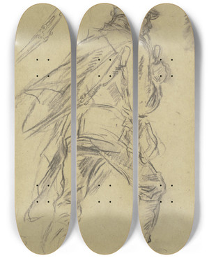 Triptych art skateboard deck of Anton Burger Heimziehender Jger Rauchend by Anton Burger (1824-1905)