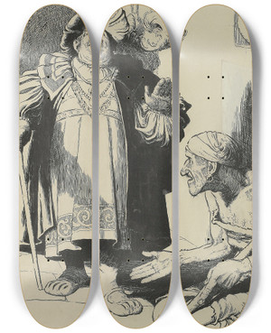 Triptych art skateboard deck of William Heath Robinson Many Are At This Day by William Heath Robinson (1872-1944)