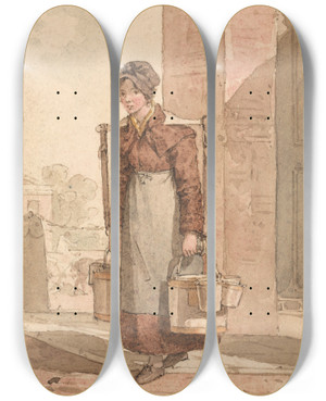 Triptych art skateboard deck of John Augustus Atkinson A Milkmaid by John Augustus Atkinson (1775-1830)