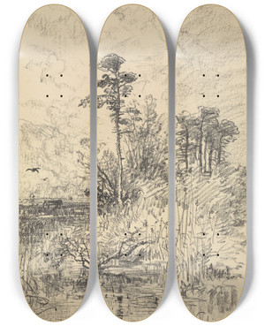 Triptych art skateboard deck of Josef Wenglein River Landscape by Josef Wenglein (1845-1919)