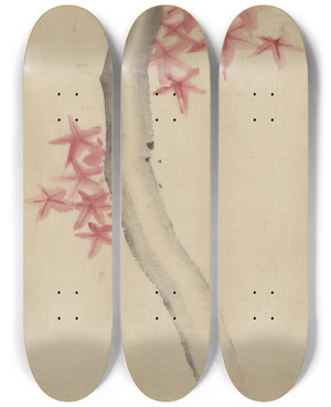 Triptych art skateboard deck of Katsushika Hokusai Unidentified Possibly A Tree Branch With Red Starshaped Leaves Or Blossoms by Katsushika Hokusai (1760-1849)