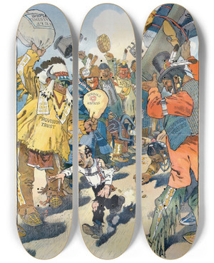 Triptych art skateboard deck of Will Crawford Running The Gauntlet by Will Crawford (1869-1944)