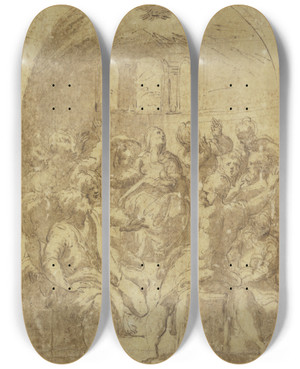 Triptych art skateboard deck of Parmigianino Descent Of The Holy Spirit by Parmigianino (1503-1540)