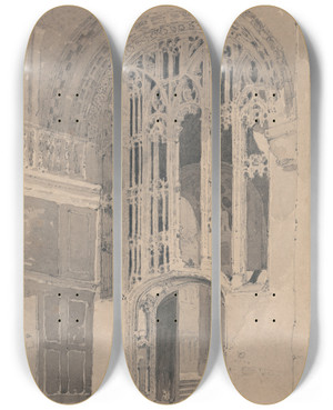 Triptych art skateboard deck of John Sell Cotman Interior Of Norwich Cathedral Doorway And Screen Between The South Transept And The Aisle Of The Presbytery by John Sell Cotman (1782-1842)