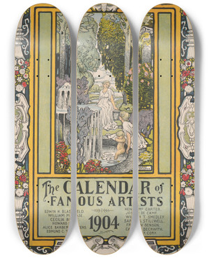 Triptych art skateboard deck of Henry Mccarter The Calendar Of Famous Artists by Henry Mccarter (1864-1942)