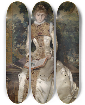 Triptych art skateboard deck of Gabriel Schachinger Das Vergissmeinnicht by Gabriel Schachinger (1850-1912)