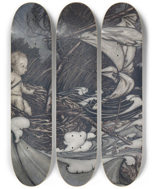 Triptych art skateboard deck of Arthur Rackham There Now Arose A Mighty Storm And He Was Tossed This Way And That by Arthur Rackham (1867-1939)