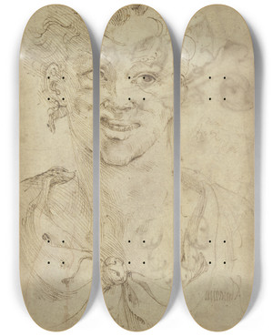 Triptych art skateboard deck of Jost Amman Bust Of A Satyr by Jost Amman (1539-1591)