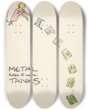 Triptych art skateboard deck of Cyril Kenneth Bird Fougasse Metal Helps To Make Tanks by Cyril Kenneth Bird (Fougasse) (1887-1965) Triptych art skateboard deck of Cyril Kenneth Bird Fougasse Metal Helps To Make Tanks by Cyril Kenneth Bird (Fougasse) (1887-1965)