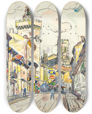 Triptych art skateboard deck of Paul Signac Viviers_1 by Paul Signac (1863-1935)