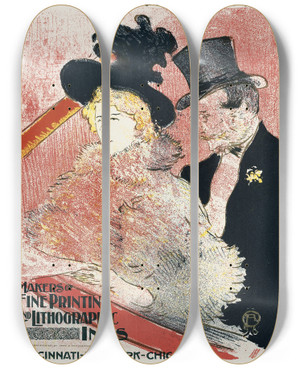 Triptych art skateboard deck of Henri De Toulouselautrec Ault And Wiborg Ad 105 by Henri de Toulouse-Lautrec (1864-1901)