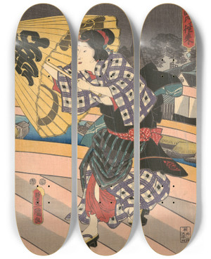 Triptych art skateboard deck of Utagawa Kunisada Toyokuni Iii Rainy Scene On A Bridge Ame No To No Sue_1 by Utagawa Kunisada (Toyokuni III) (1786-1865)
