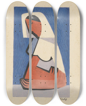 Triptych art skateboard deck of Mikul Galanda A Girl At A Table by Mikulas Galanda (1895-1938)
