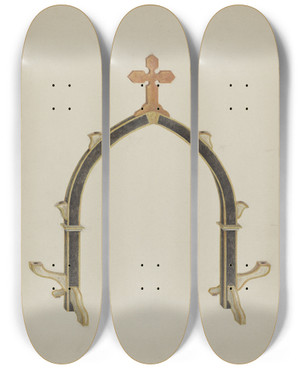 Triptych art skateboard deck of Vera Van Voris Carved Wooden Candleholder by Vera Van Voris