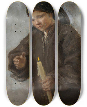 Triptych art skateboard deck of Teodor Axentowicz For The Candlemas_1 by Teodor Axentowicz (1859-1938)