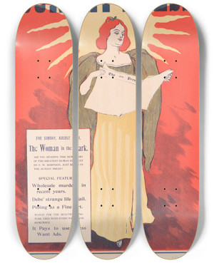 Triptych art skateboard deck of George Reiter Brill For Sunday August 11Th The Woman In The Dark by George Reiter Brill (1867-1918)