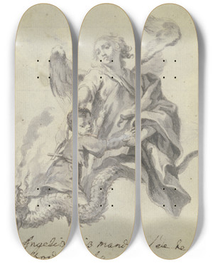 Triptych art skateboard deck of Gottfried Bernhard Gz Kind Mit Schutzengel Und Drachen by Gottfried Bernhard Goz