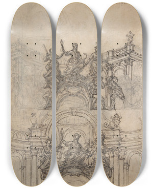 Triptych art skateboard deck of Giovanni Battista Foggini Studies For A Sculpture With Figures Of Prudence Industry And Economy Supported By Slaves And An Oval Plaque With Cartouche Separate Study For A Cupola by Giovanni Battista Foggini (1652-1725)