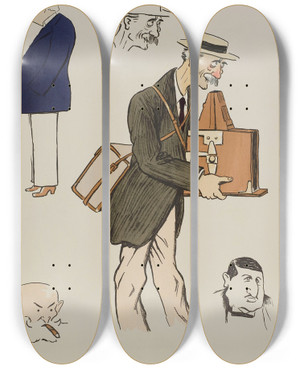 Triptych art skateboard deck of Georges Goursat Sem Quatre Personnages Masculins Non Identifis Dont Un Portant Un Appareil Photo by Georges Goursat (Sem) (1863-1934)