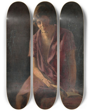 Triptych art skateboard deck of Armin Glatter Girl With A Book by Armin Glatter (1861-1931)