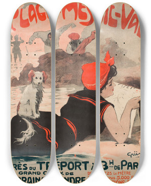 Triptych art skateboard deck of Julesalexandre Grn Chemin De Fer Du Nord Plage De Mesnilval by Jules-Alexandre Grn (1868-1934)