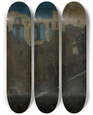 Triptych art skateboard deck of Kazimierz Stabrowski Ruins Of The Krzytopr Castle In Ujazd by Kazimierz Stabrowski (1869-1929)
